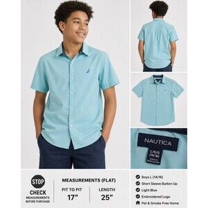 Nautica Shirt Boys L 14/16 Plaid Short Sleeve Button Up Logo Collared Aqua Blue